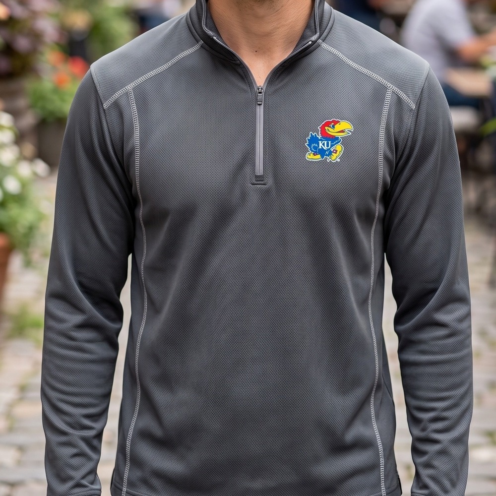 J. America Kansas Jayhawks Mens Quarter Zip Pullover Charcoal Grey Athletic Top